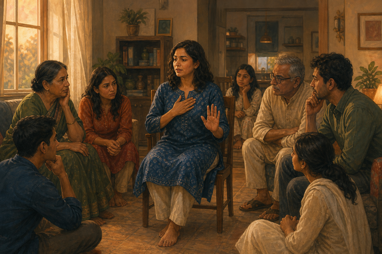 A woman calmly raises one hand while speaking with several generations of her family in a warmly lit living room.