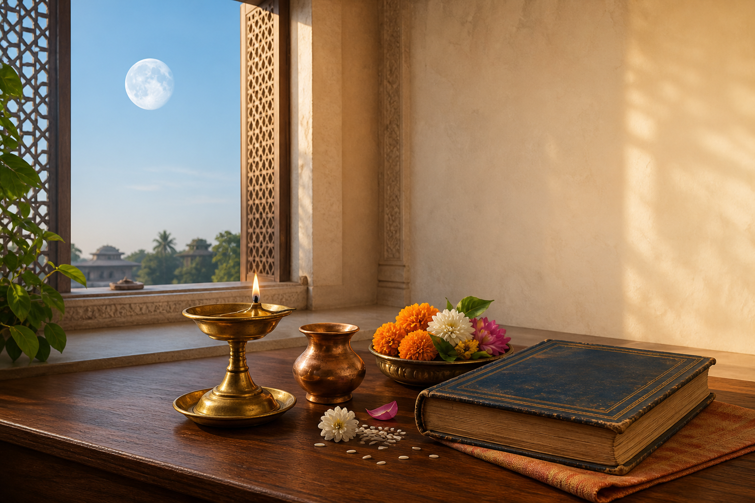 A brass lamp, copper vessel, flowers, rice, and a traditional almanac in a prayer space lit by dawn and mid-morning light, with a waning moon visible outside.