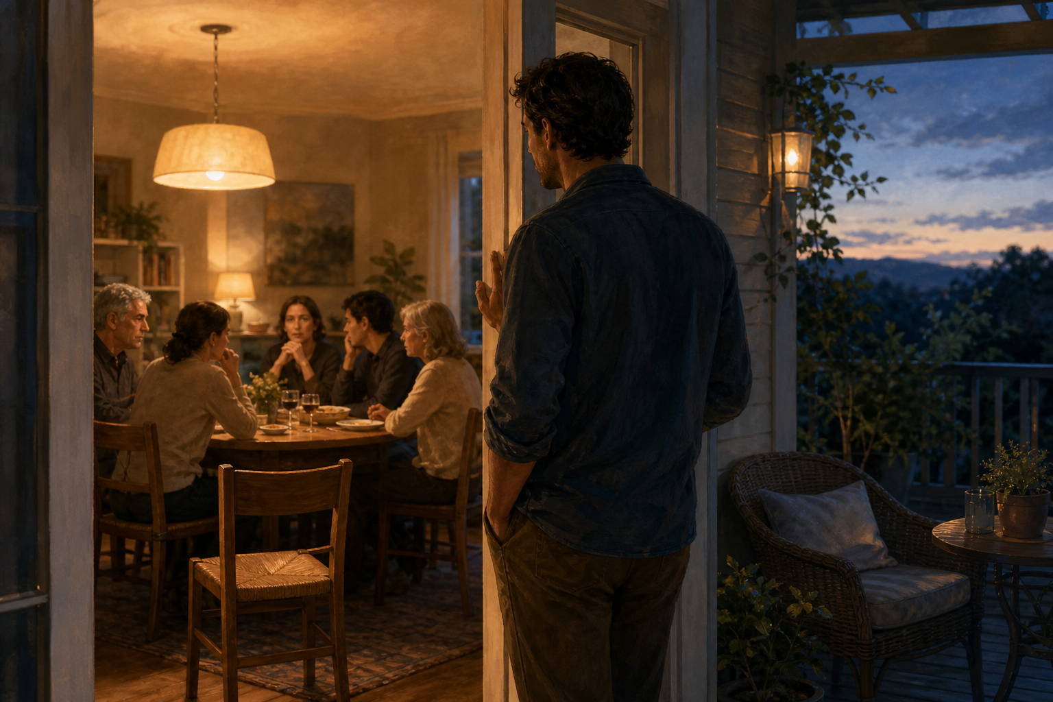 A man pauses at an open doorway while his family remains seated around a dining table with an empty chair nearby.