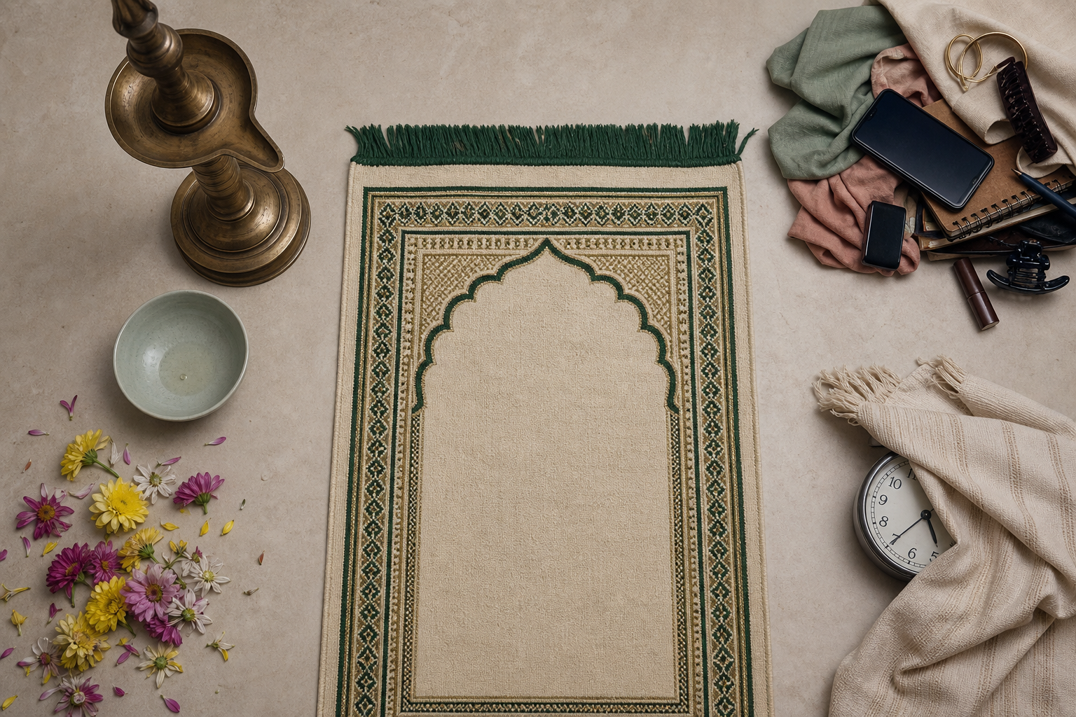 An overhead prayer setup surrounded by an unfilled lamp, an almost empty water bowl, hidden clock, scattered flowers, and household clutter.
