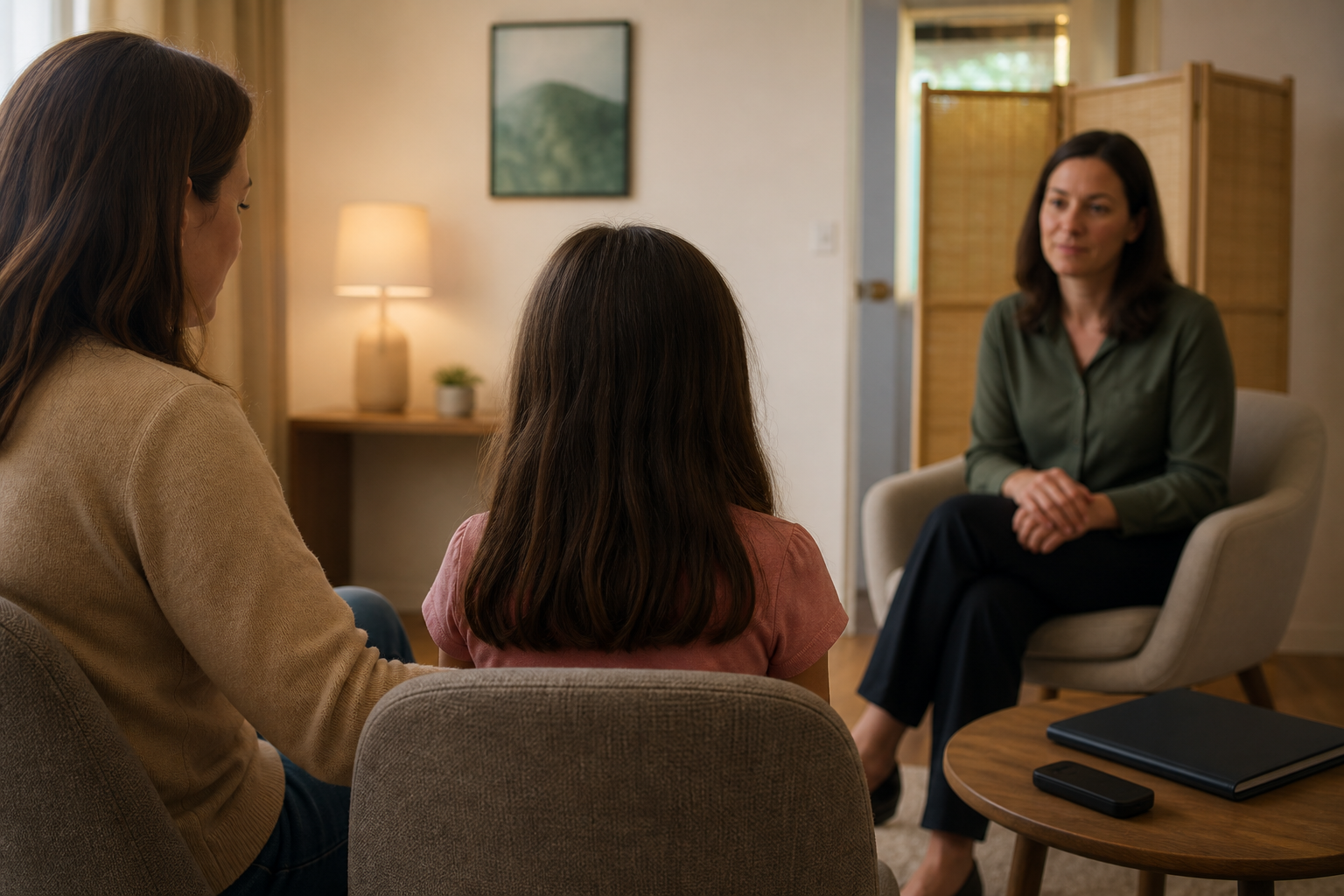 A child seen from behind sits in a private support room with a female guardian and a child-welfare professional.