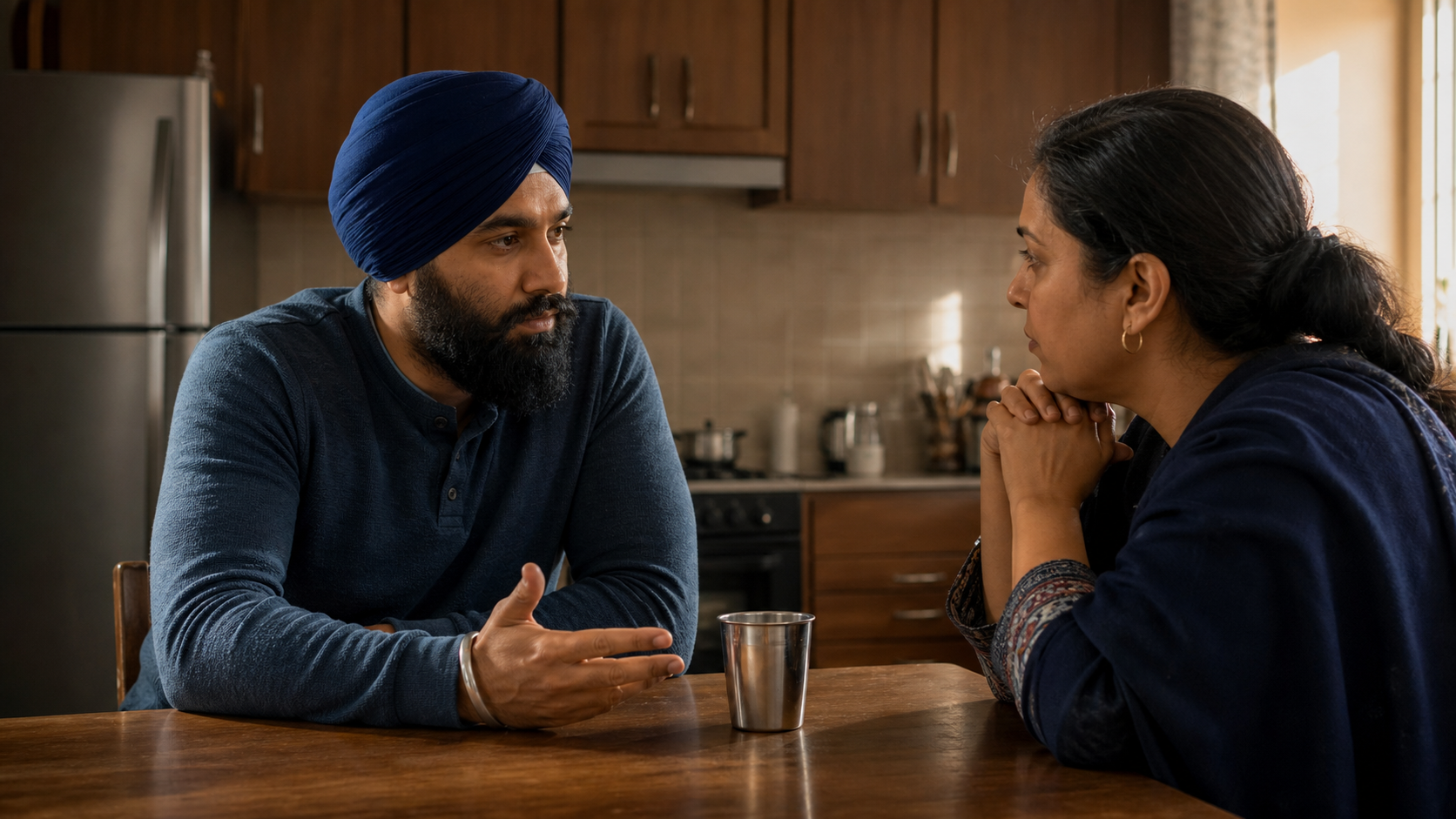 A Sikh adult in an indigo turban listens calmly to a family member during a tense conversation at a sunlit kitchen table.