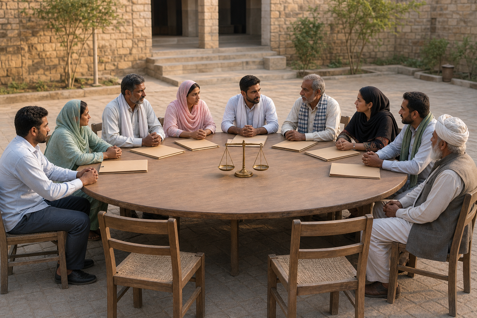 Residents from varied backgrounds sit equally around a courtyard table with closed case folders and a level balance at the center.