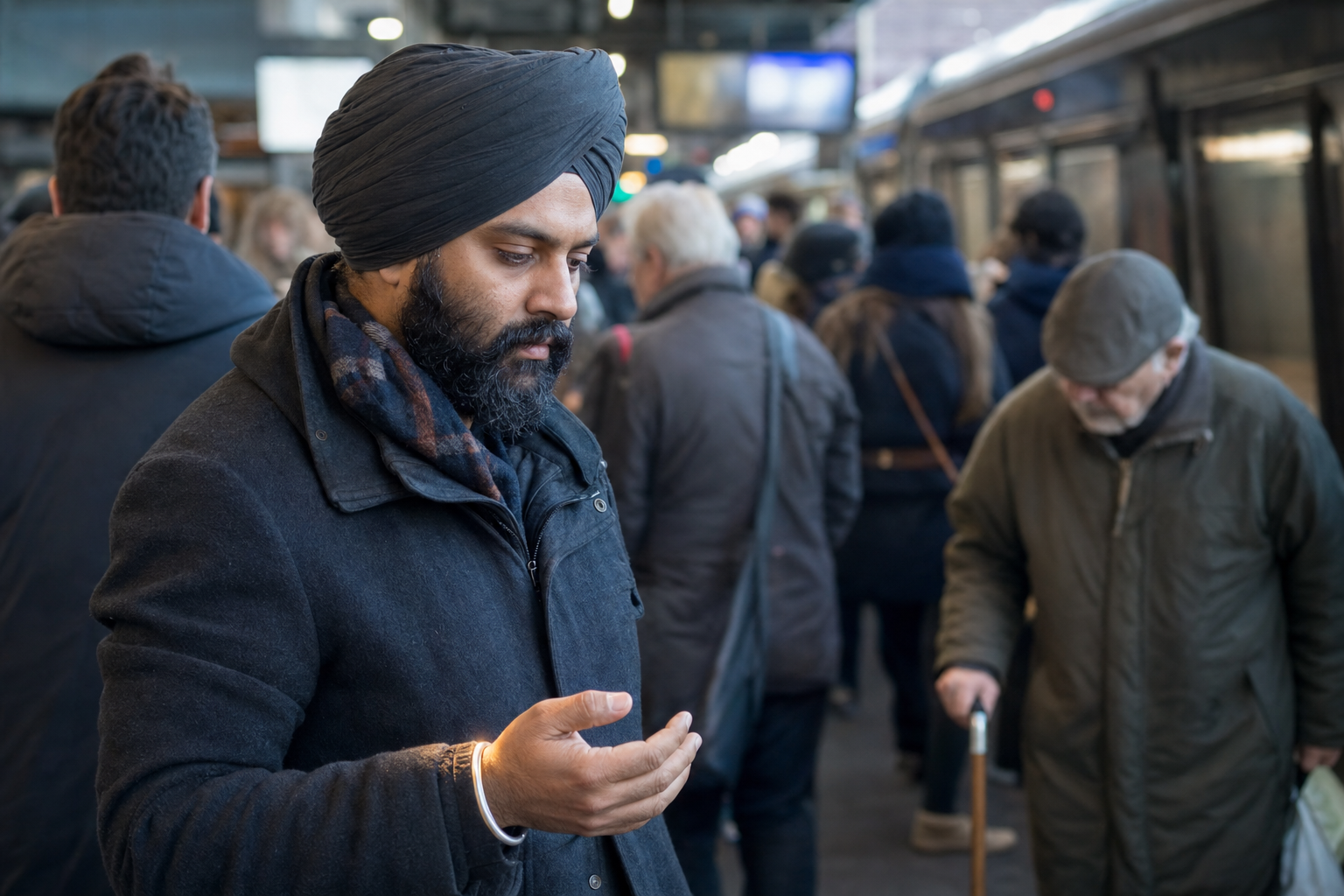 A Sikh commuter relaxes his clenched hand after being jostled on a busy transit platform as an older person walks nearby.