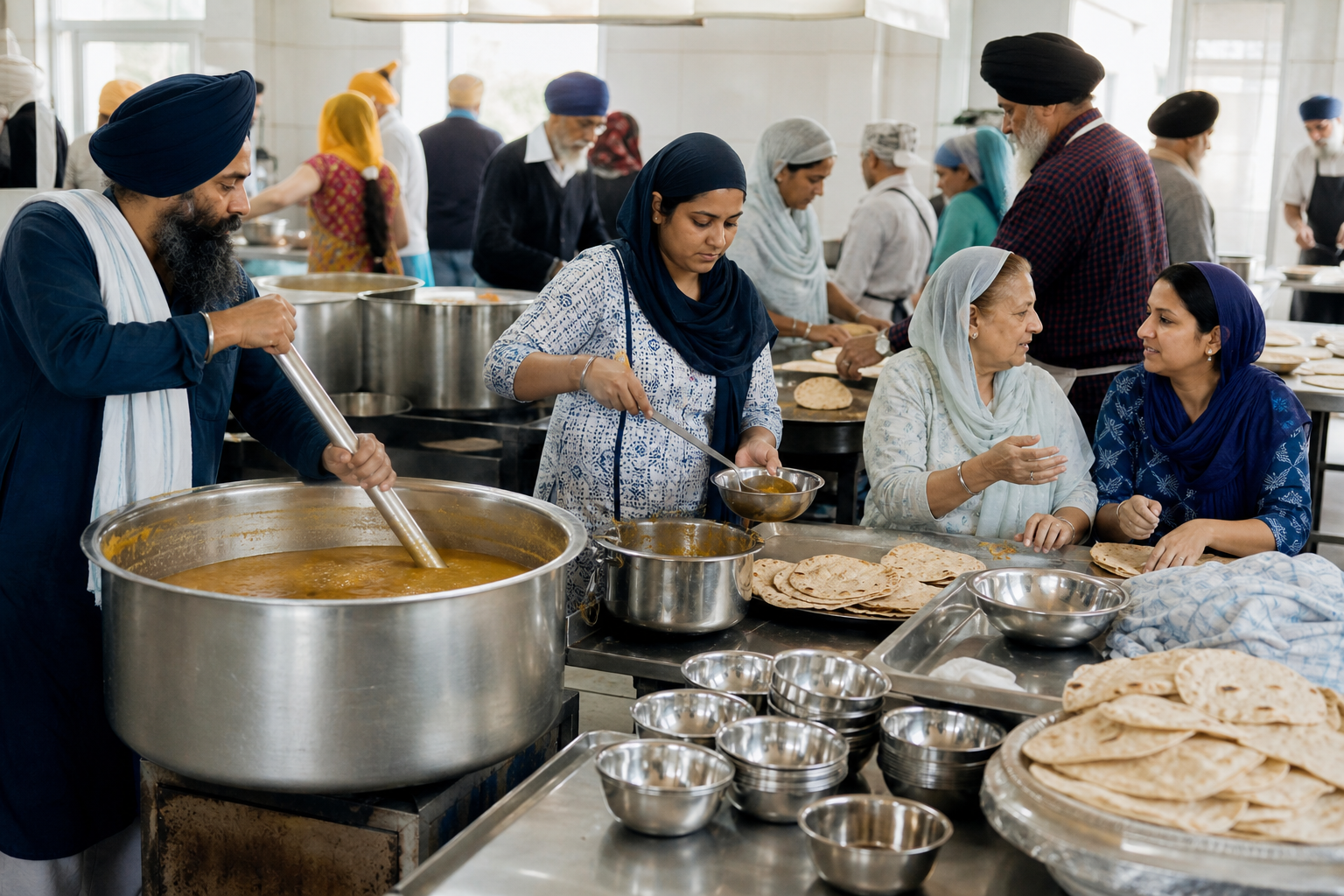 Volunteers with covered heads prepare and serve a communal meal together in a stainless steel kitchen.