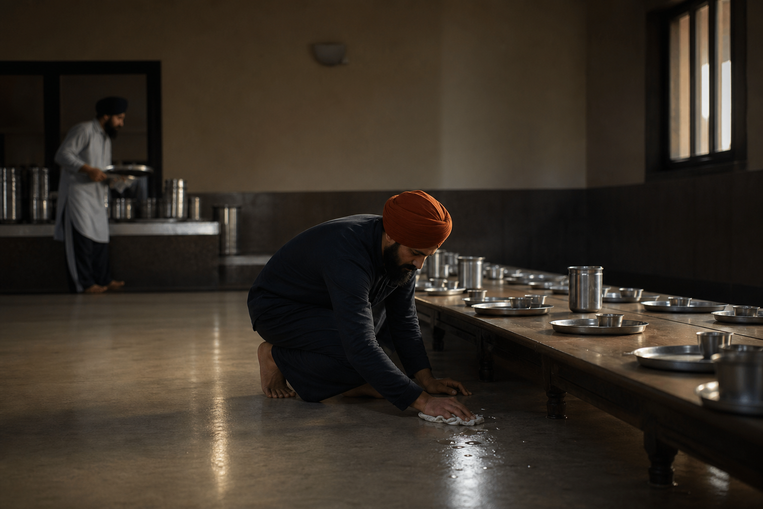 A Sikh volunteer quietly cleans beneath a low dining table after a communal meal while another person stacks metal plates.