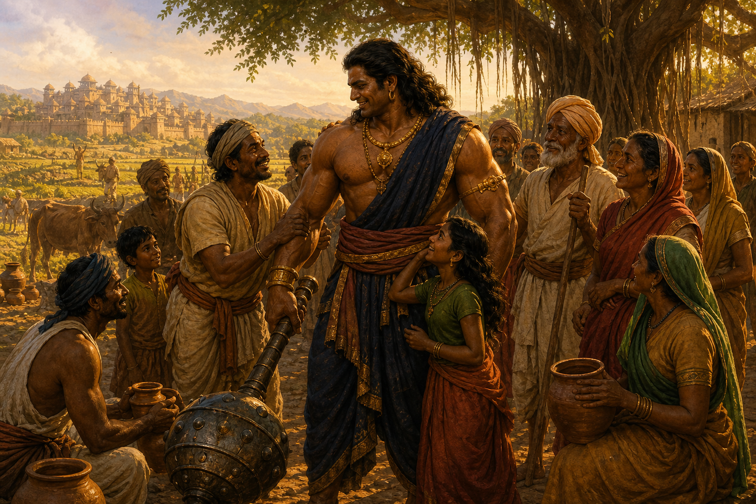 Bhima stands with his mace among villagers on an earthen path as families gather around him in warm evening light.