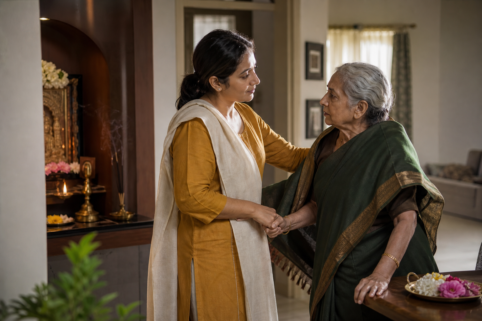 An adult turns from a home prayer alcove to steady and listen to an elderly family member in the morning light.