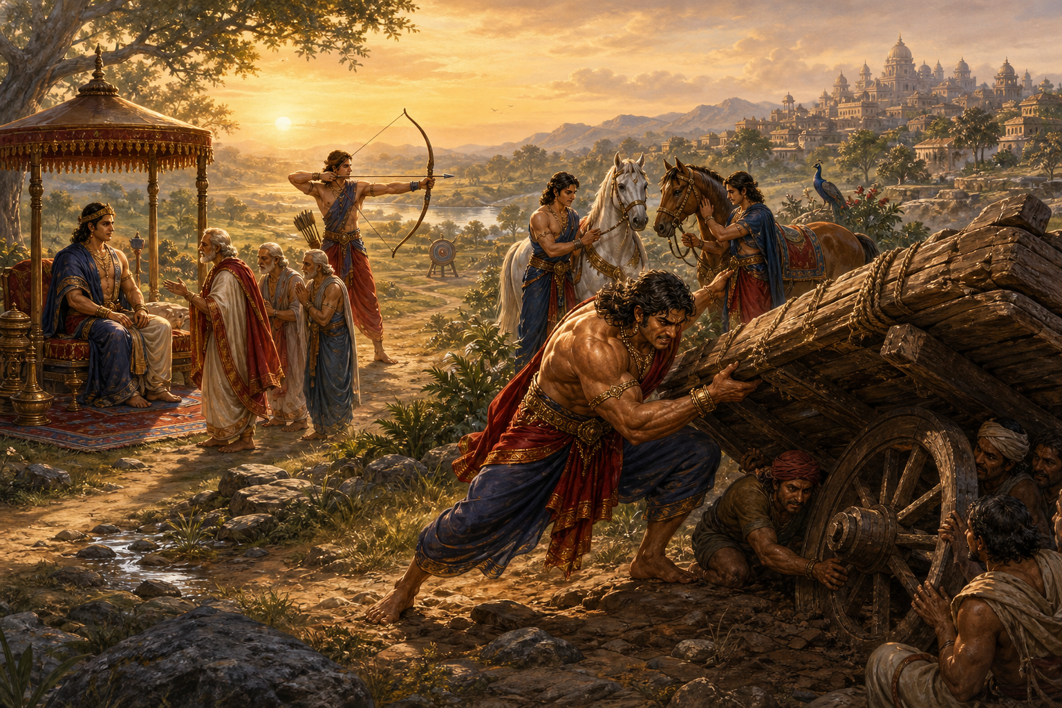 Yudhishthira receives elders, Arjuna draws a bow, Nakula and Sahadeva tend horses, and Bhima lifts a cart for villagers in a continuous landscape.