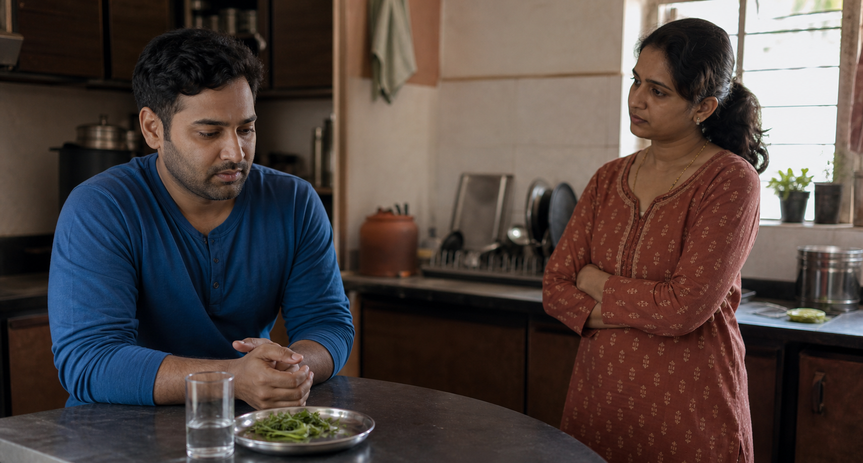 Two adults pause during a difficult kitchen conversation, with one listening calmly before responding.