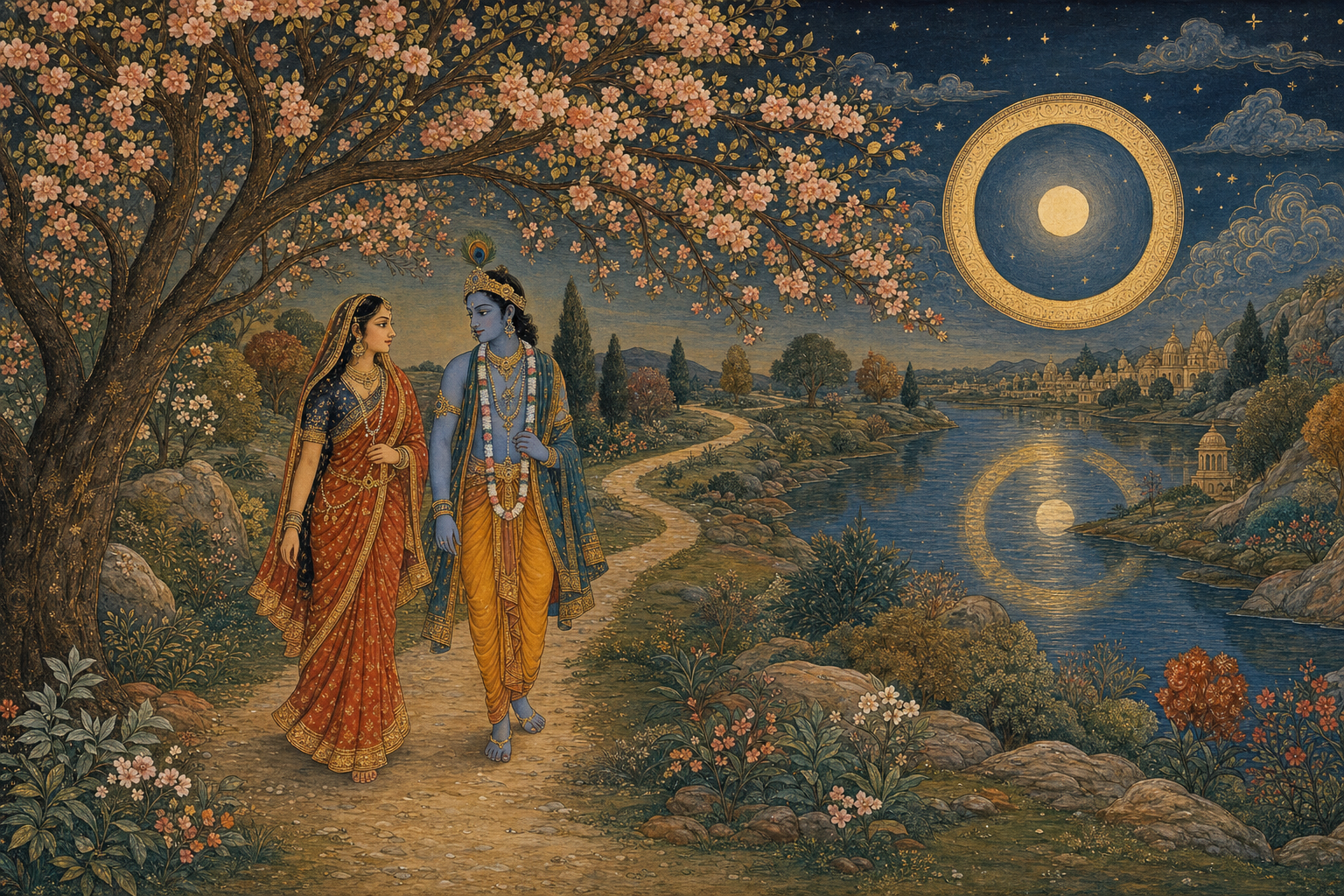 Draupadi and Krishna walk side by side beneath a flowering tree as their path curves toward a circular starry reflection in a river.