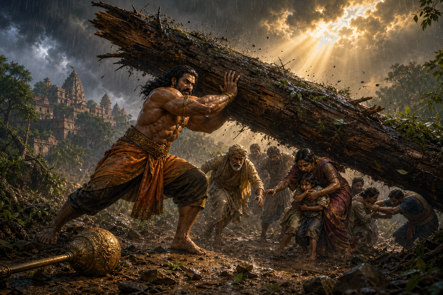 Bhima holds back a fallen tree on a muddy forest road while children, elders, and other travelers move to safety.