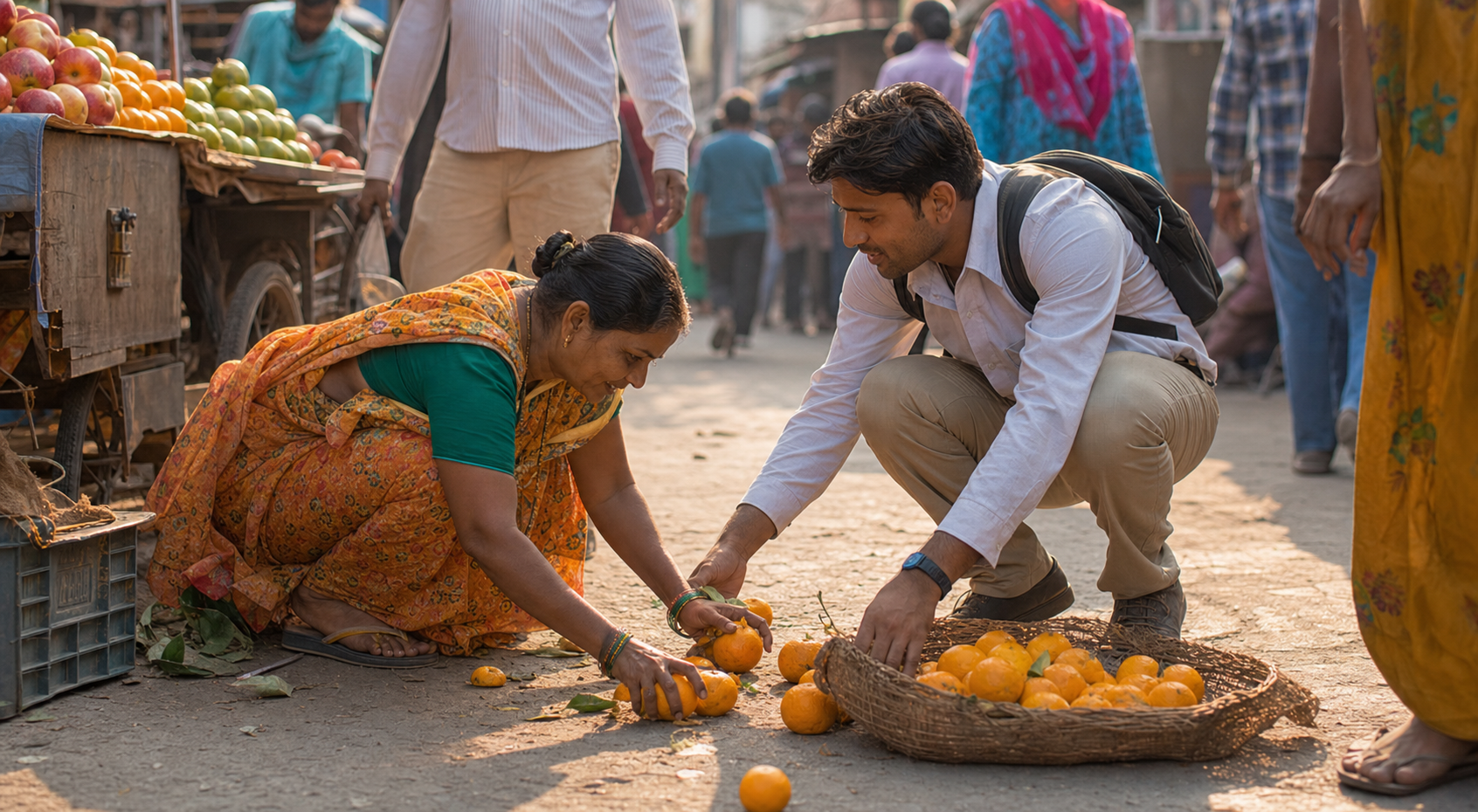 A passerby helps a market fruit seller gather oranges that have rolled onto the pavement.