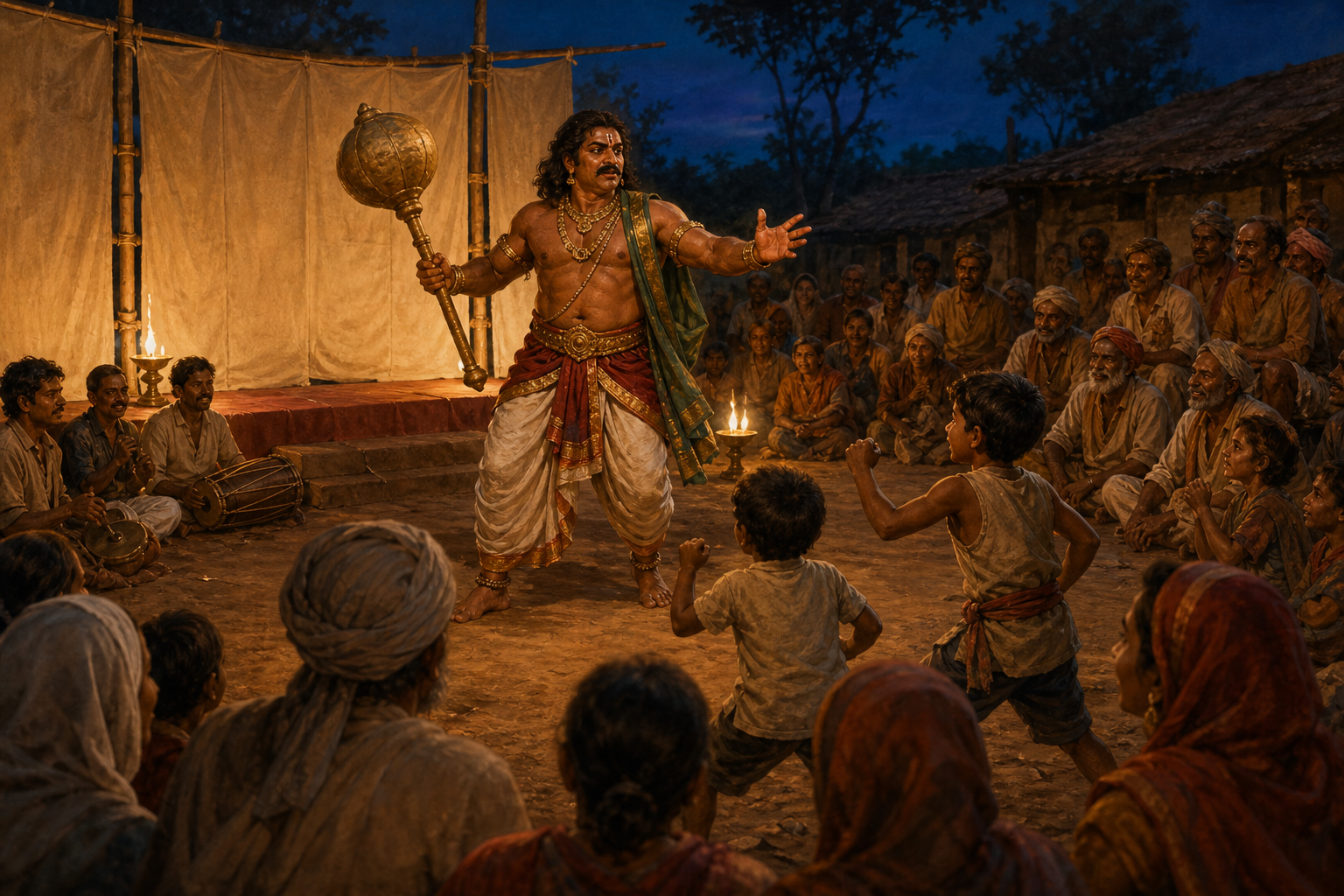 A village audience watches an actor portraying Bhima with a mace during an open-air performance lit by oil lamps.