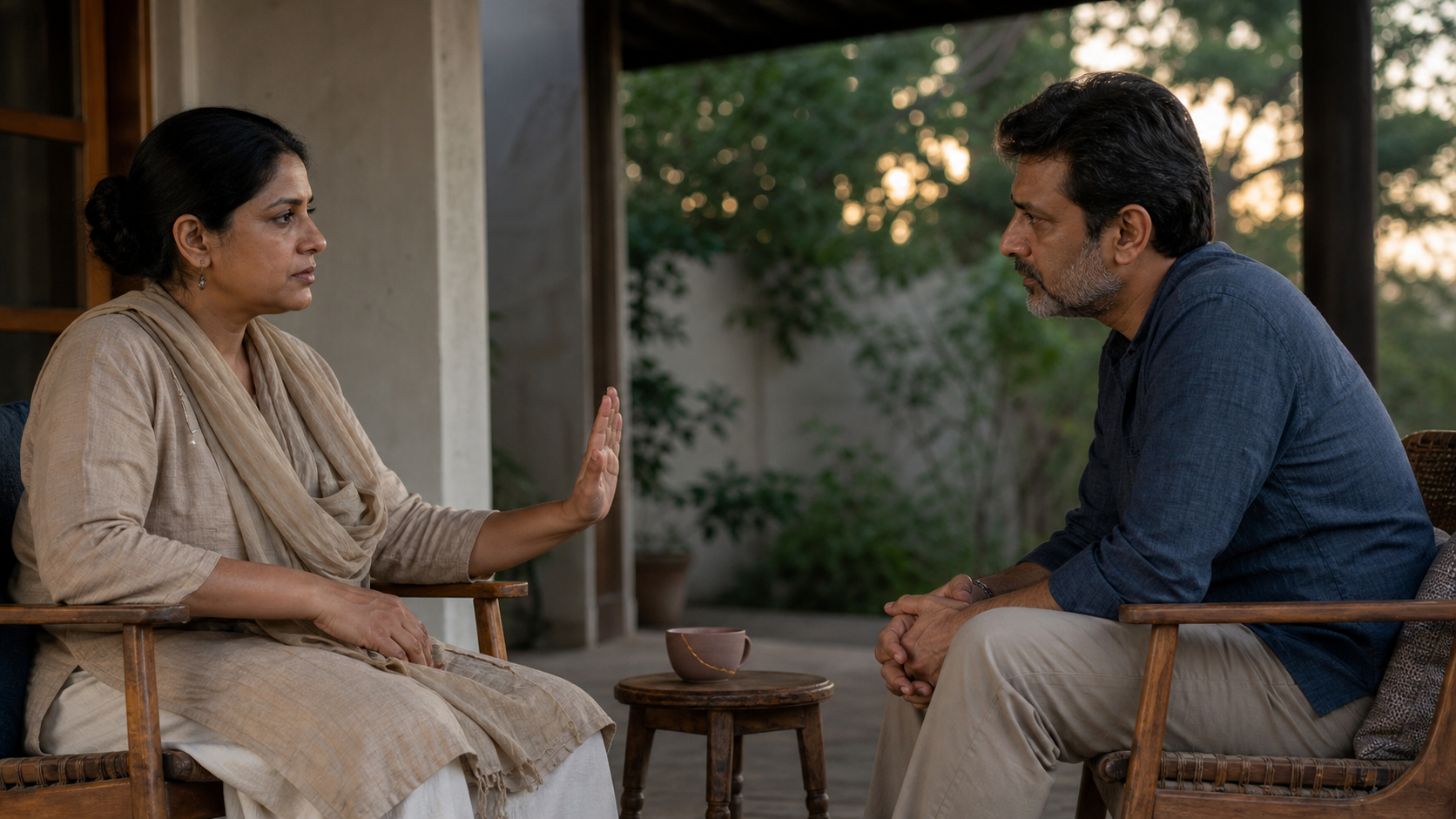 Two relatives have a calm veranda conversation, with one setting a boundary and the other listening attentively.