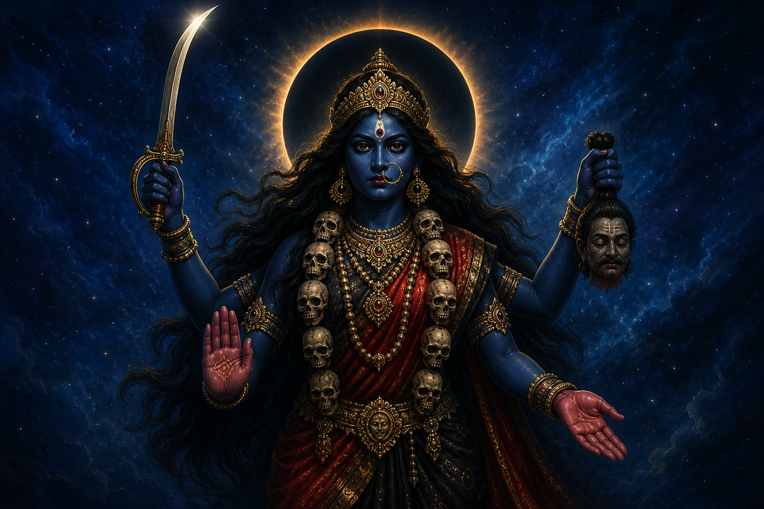Four-armed goddess Kali holds a curved sword and a symbolic severed head while offering gestures of fearlessness and blessing against a dark cosmic background.