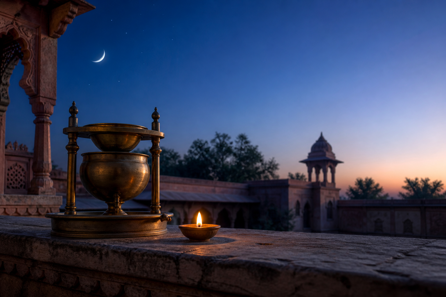 A moonlit Indian courtyard with a waxing crescent, brass water clock, and oil lamp as the sky begins to brighten before dawn.