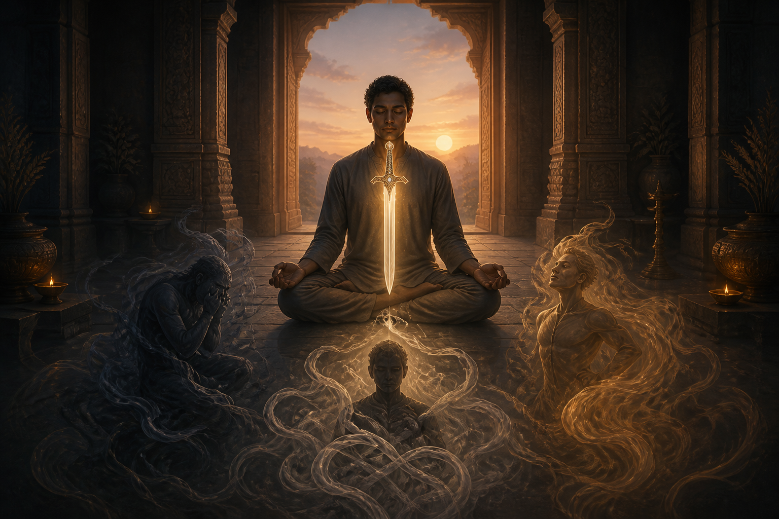 A meditating person faces a glowing ceremonial sword whose light separates dark smoke around the person's reflected silhouette inside a stone sanctuary.