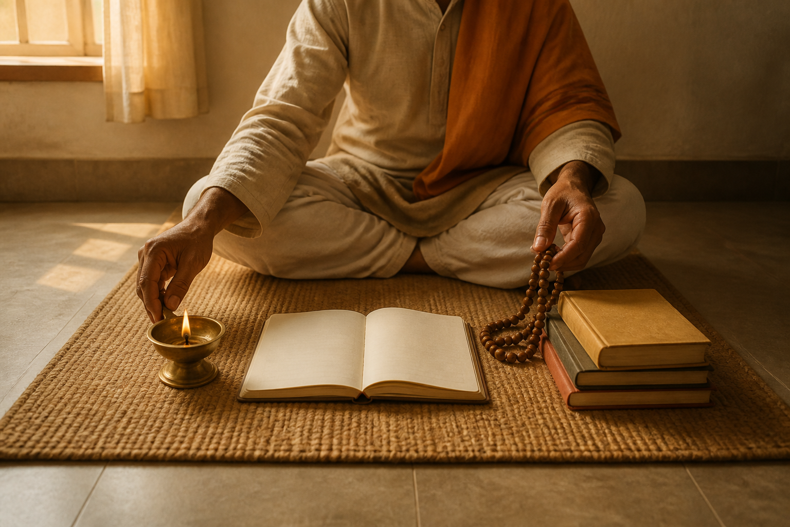 A seated person begins a morning routine with a brass lamp, prayer beads, blank notebook, and study books on a floor mat.