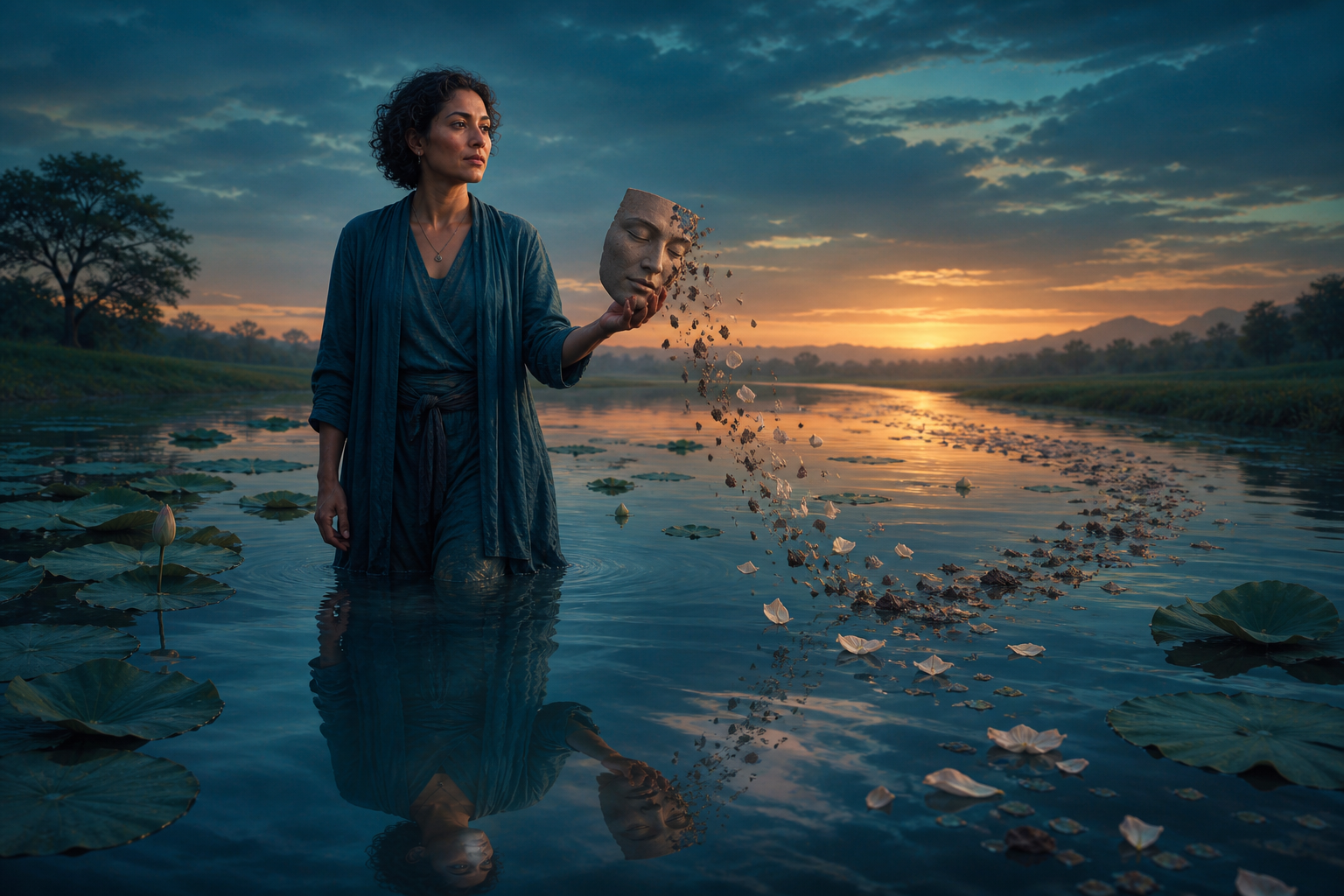 A person standing in a calm river holds a clay mask away from the face as the mask dissolves into petals and the person's clear reflection remains in the water.