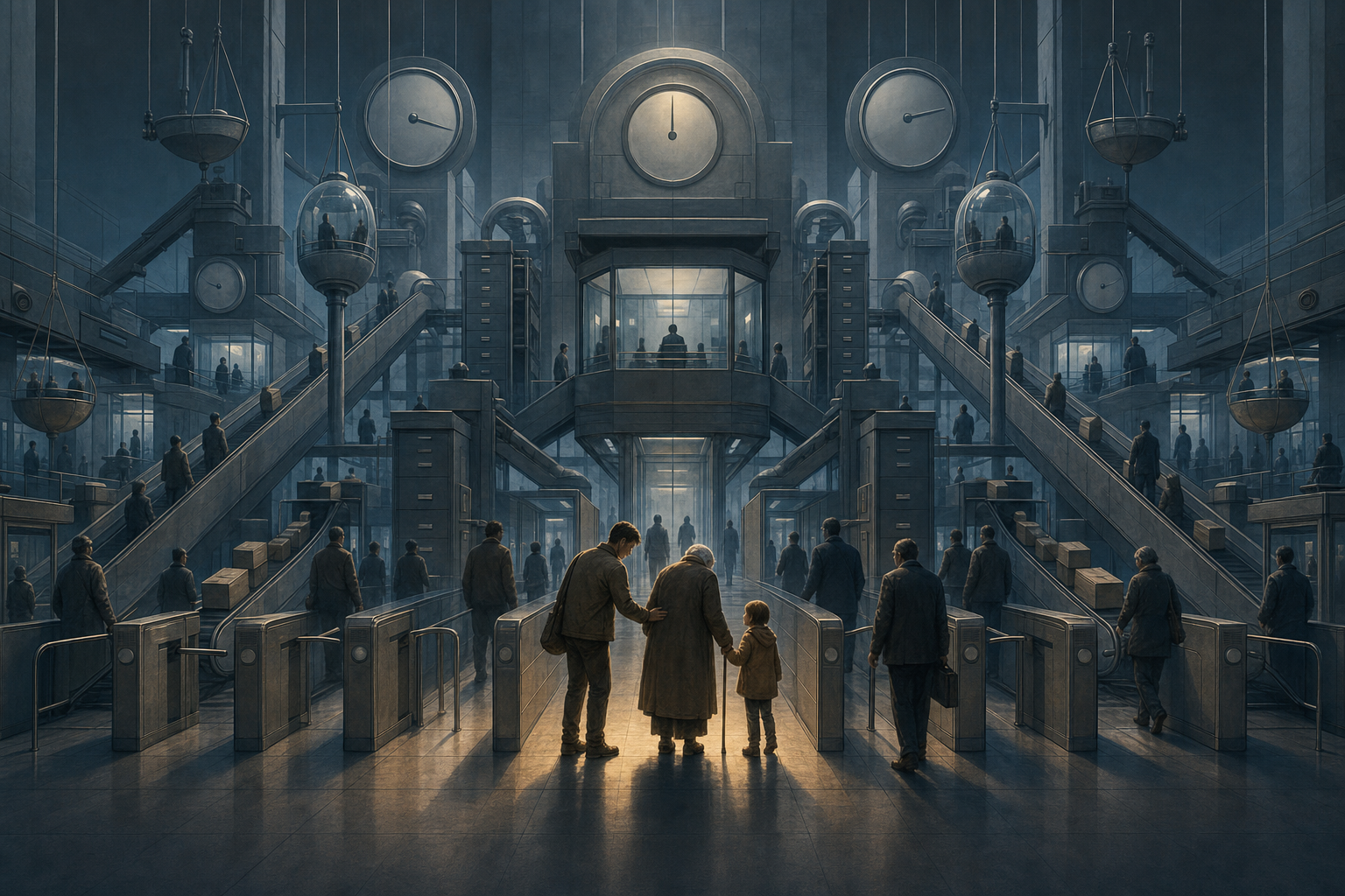 People move through an oversized administrative machine while one person pauses to help an older adult and a child.