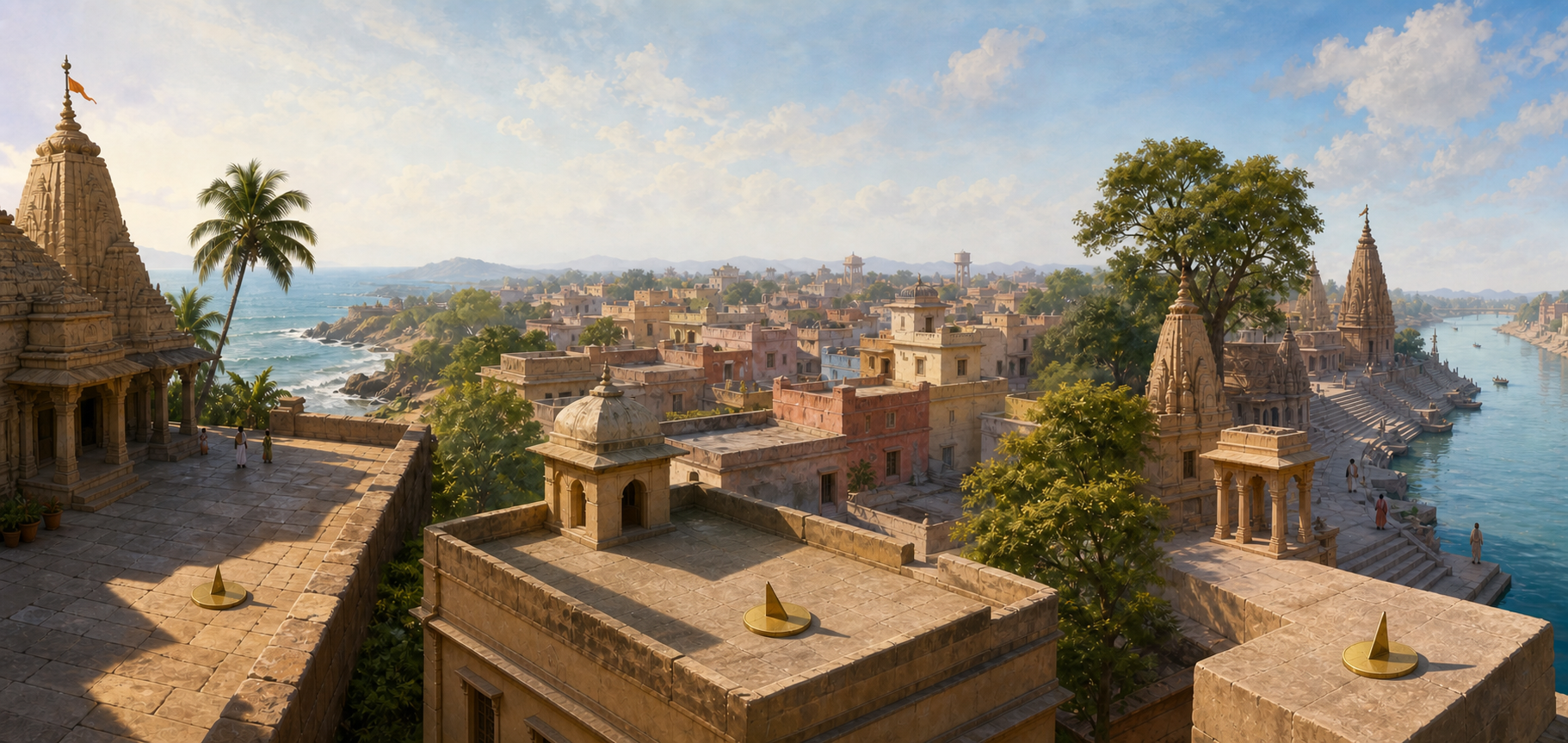 Three Indian settings—a coastal courtyard, an inland rooftop, and a riverside ghat—show different sunlight angles beneath the same sky.