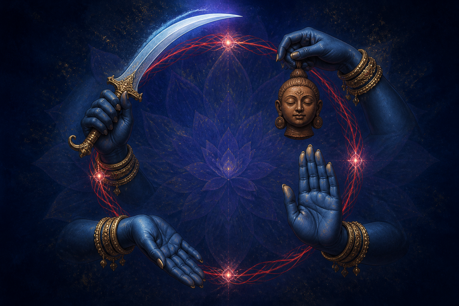 Four indigo hands form a circle around a curved sword and a non-graphic symbolic head, with two open palms offering fearlessness and blessing.