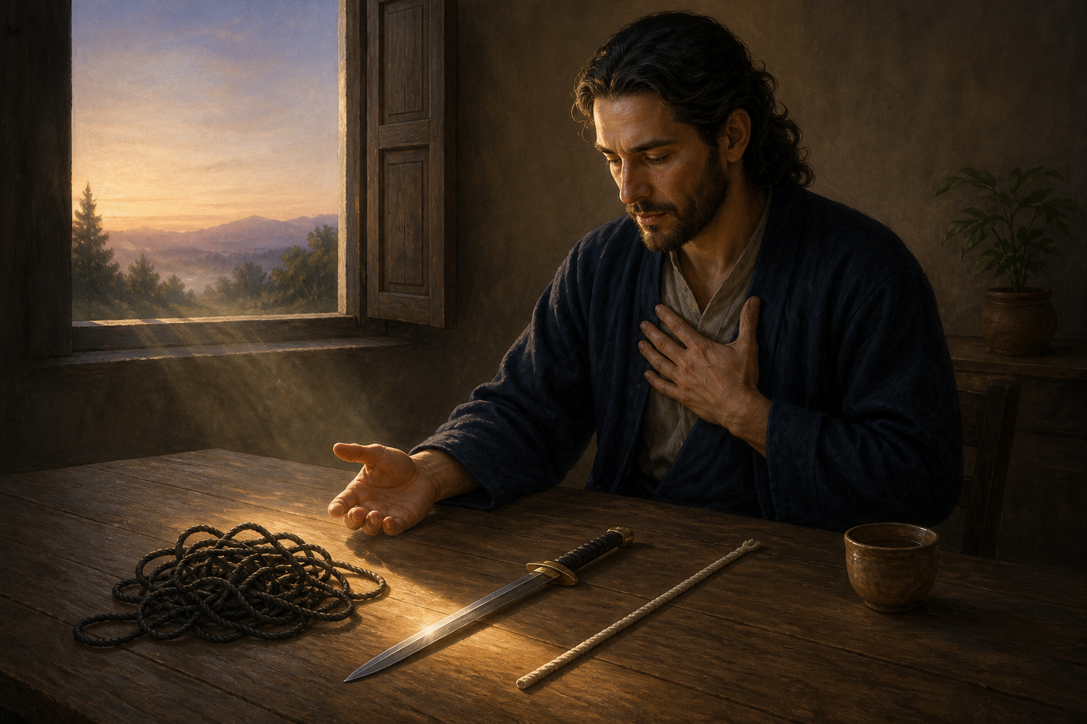 A person at a wooden table considers a tangled cord and a straight cord beside a safely resting ceremonial sword in the light of dawn.