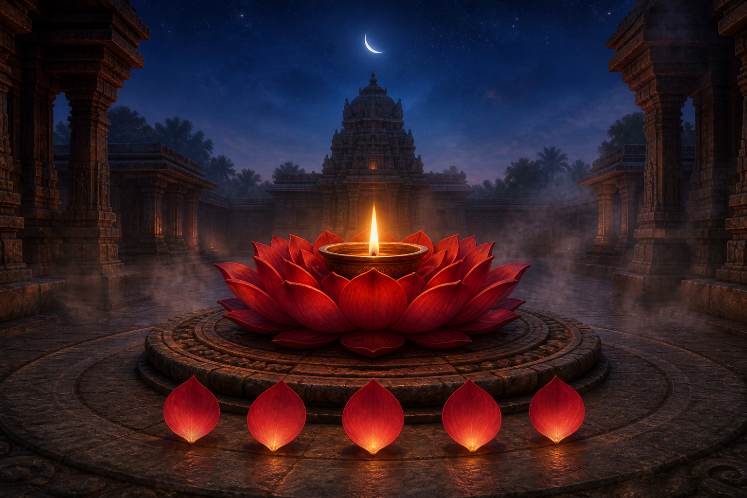 A bronze oil lamp burns before a crimson lotus altar in a moonlit temple courtyard, with five foreground petals and a crescent moon above.