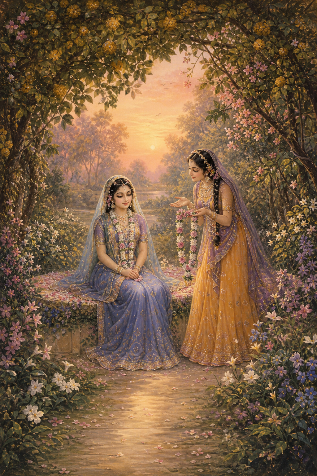 Radha sits in a flowering Vrindavan grove while Lalita stands beside Her holding a flower garland in service.