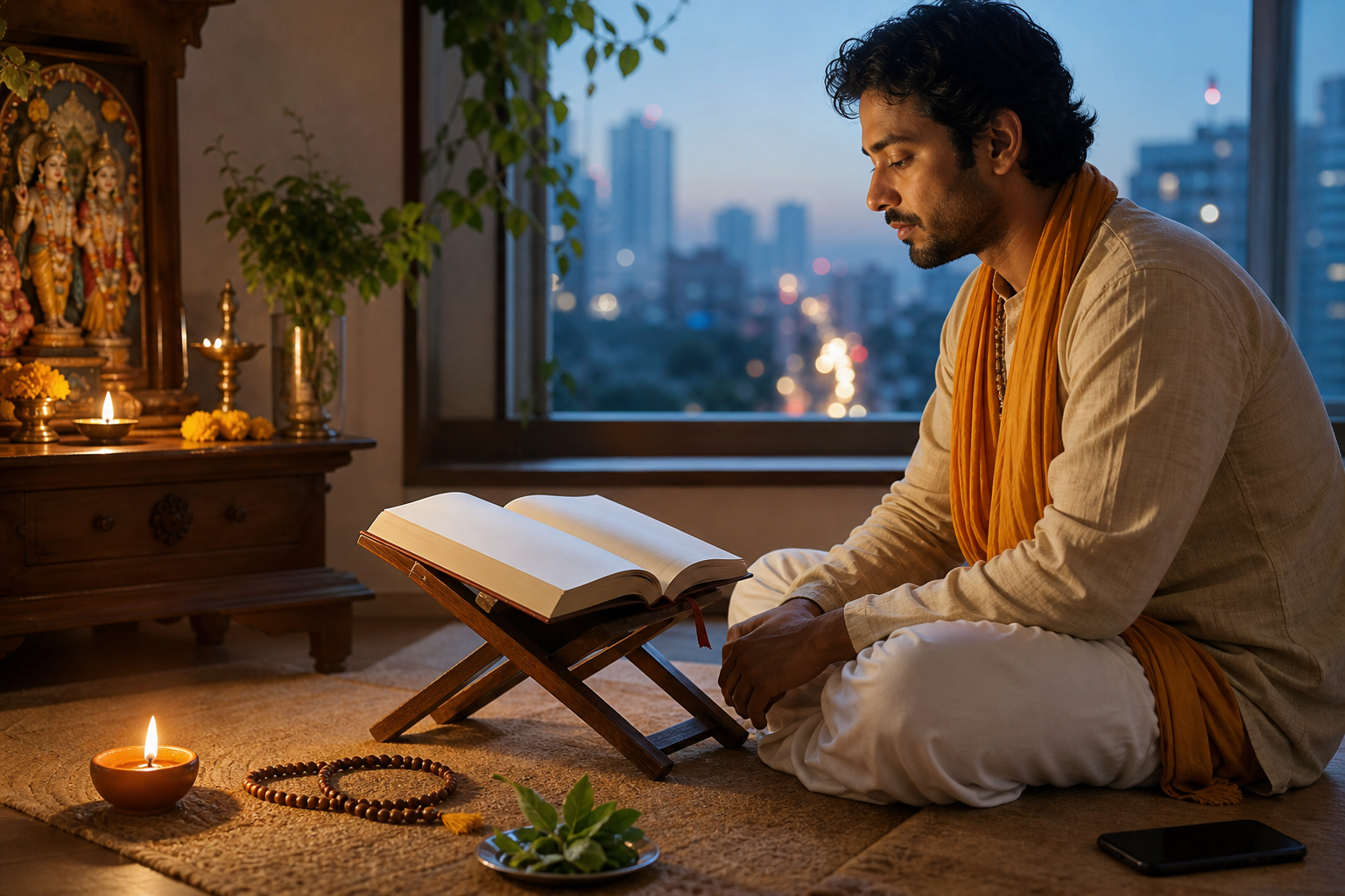 A contemporary devotee sits beside an open sacred book and a small home altar at dawn, with a face-down smartphone nearby and a modern city visible through the window.