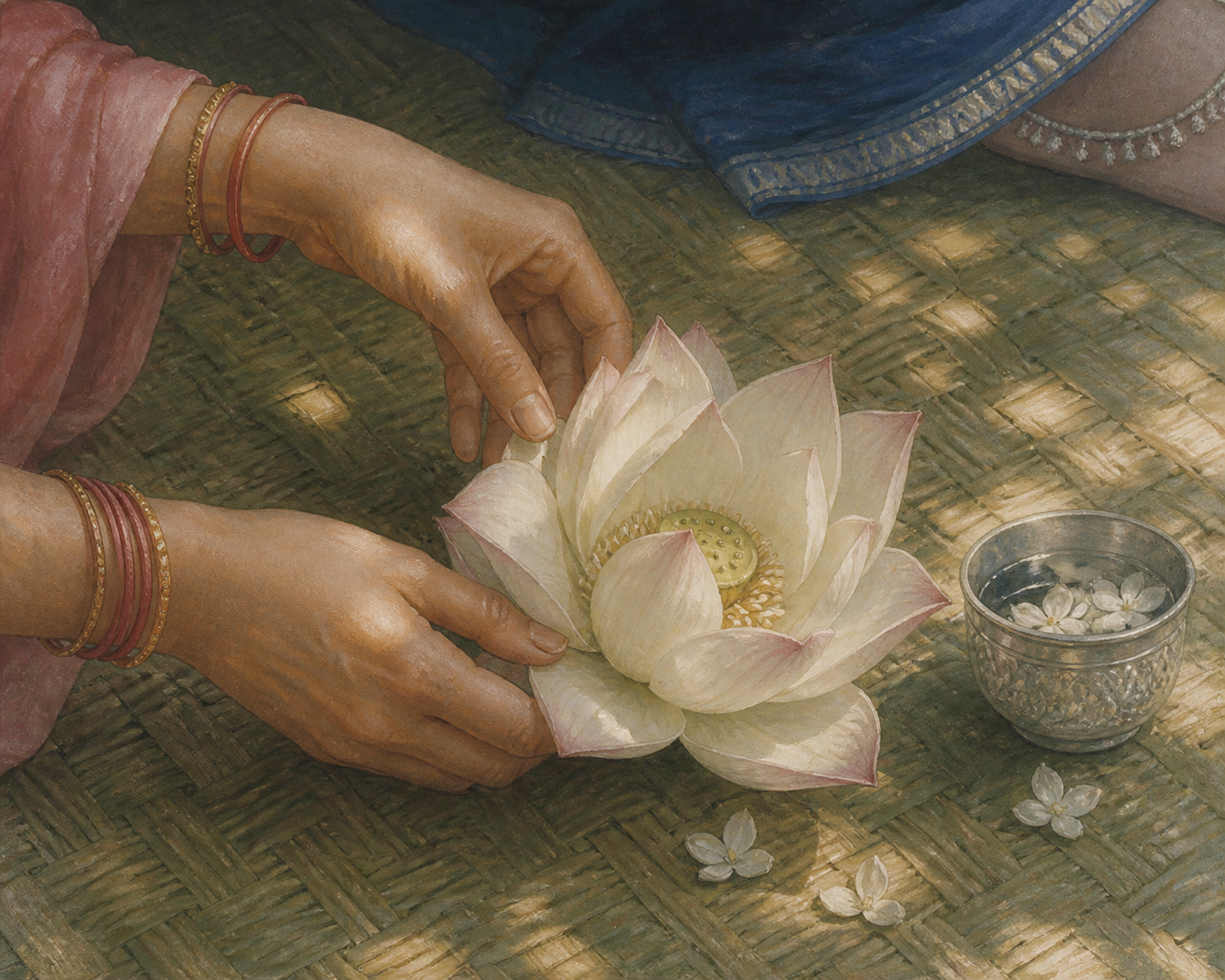 Hands place a pale lotus beside a silver cup near the edge of a flower-covered seat, with a blue veil and anklet partly visible.
