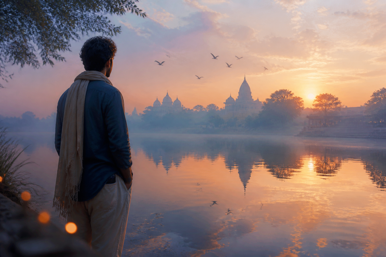 A person stands on the misty bank of the Yamuna at sunrise, watching reflections of trees, birds, and sky spread across the water.