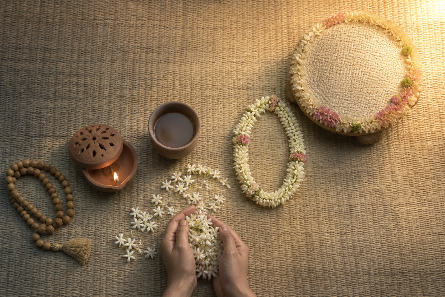Prayer beads, a clay lamp, water, jasmine flowers, and a finished garland form a curved sequence leading toward an empty flower seat.