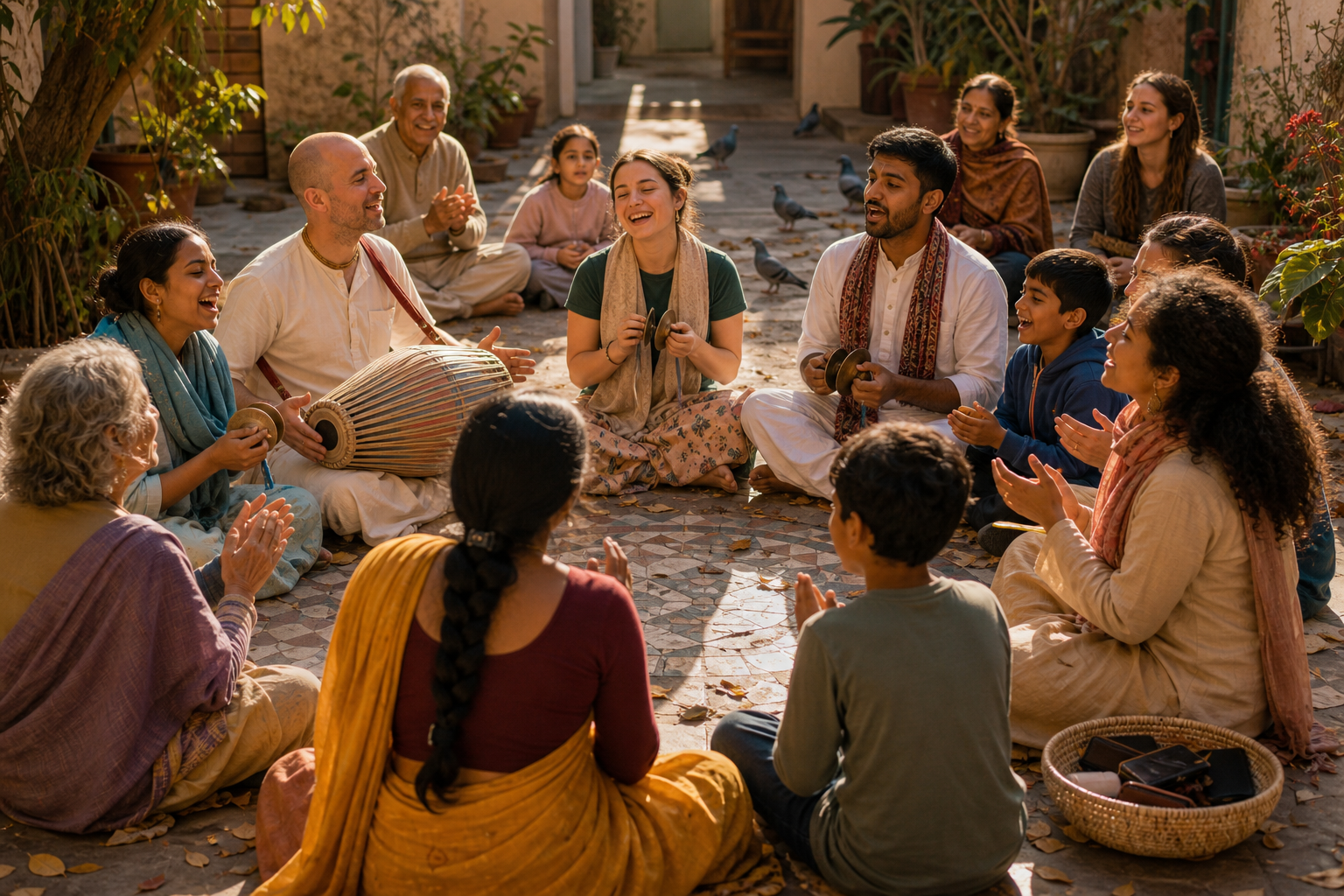 A group of devotees and neighbors sing together with hand cymbals and a drum in an urban courtyard while several phones remain put away in a basket.