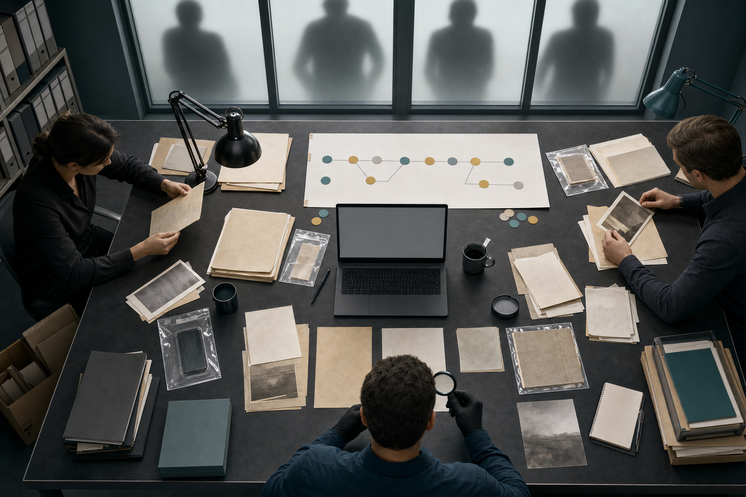 Analysts examine documents, a sealed phone, a laptop, and separate evidence threads in a forensic investigation room.