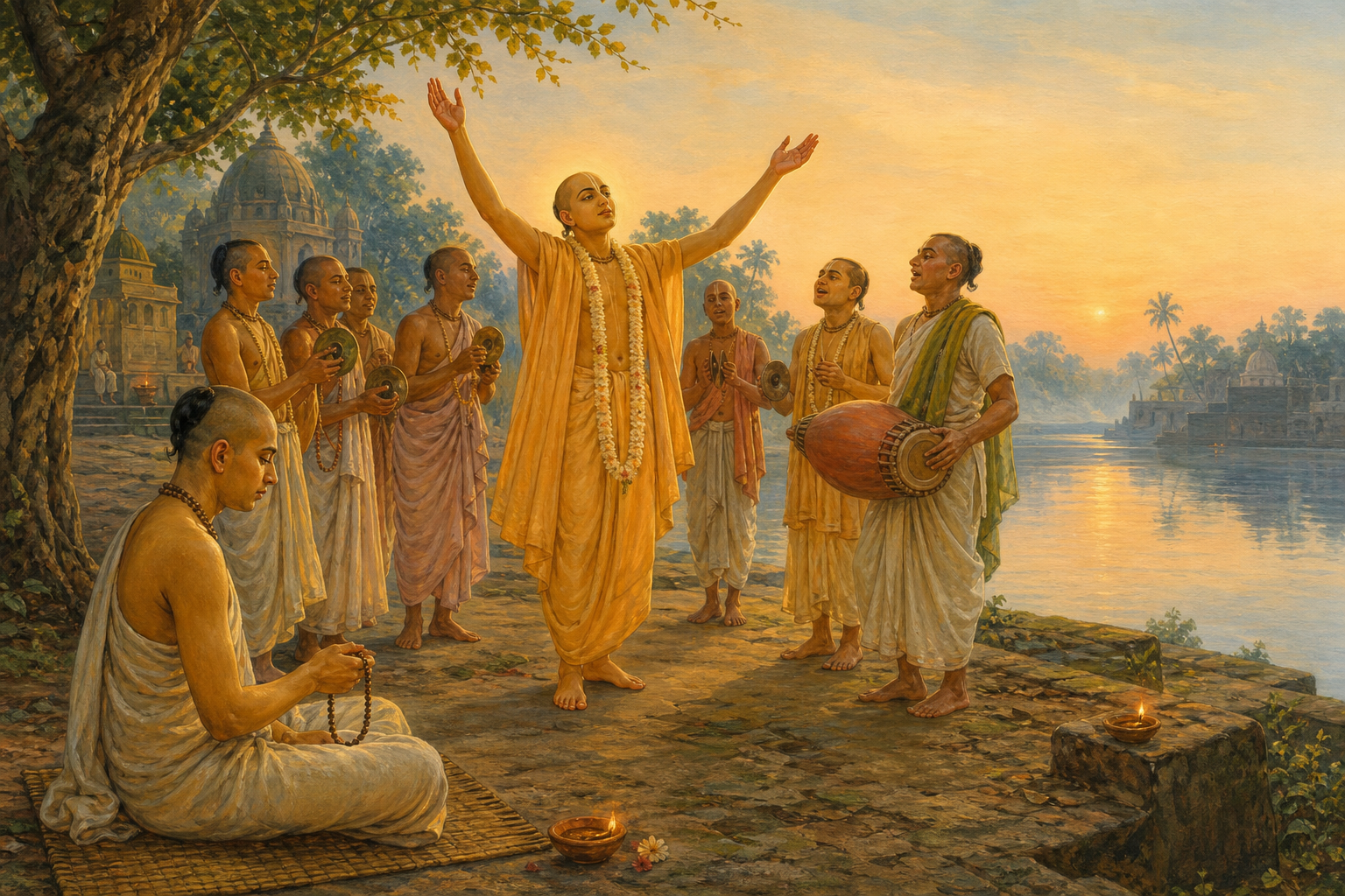 Sri Chaitanya and a small group of devotees chant beside the Ganges at sunrise while a seated practitioner holds prayer beads in the foreground.