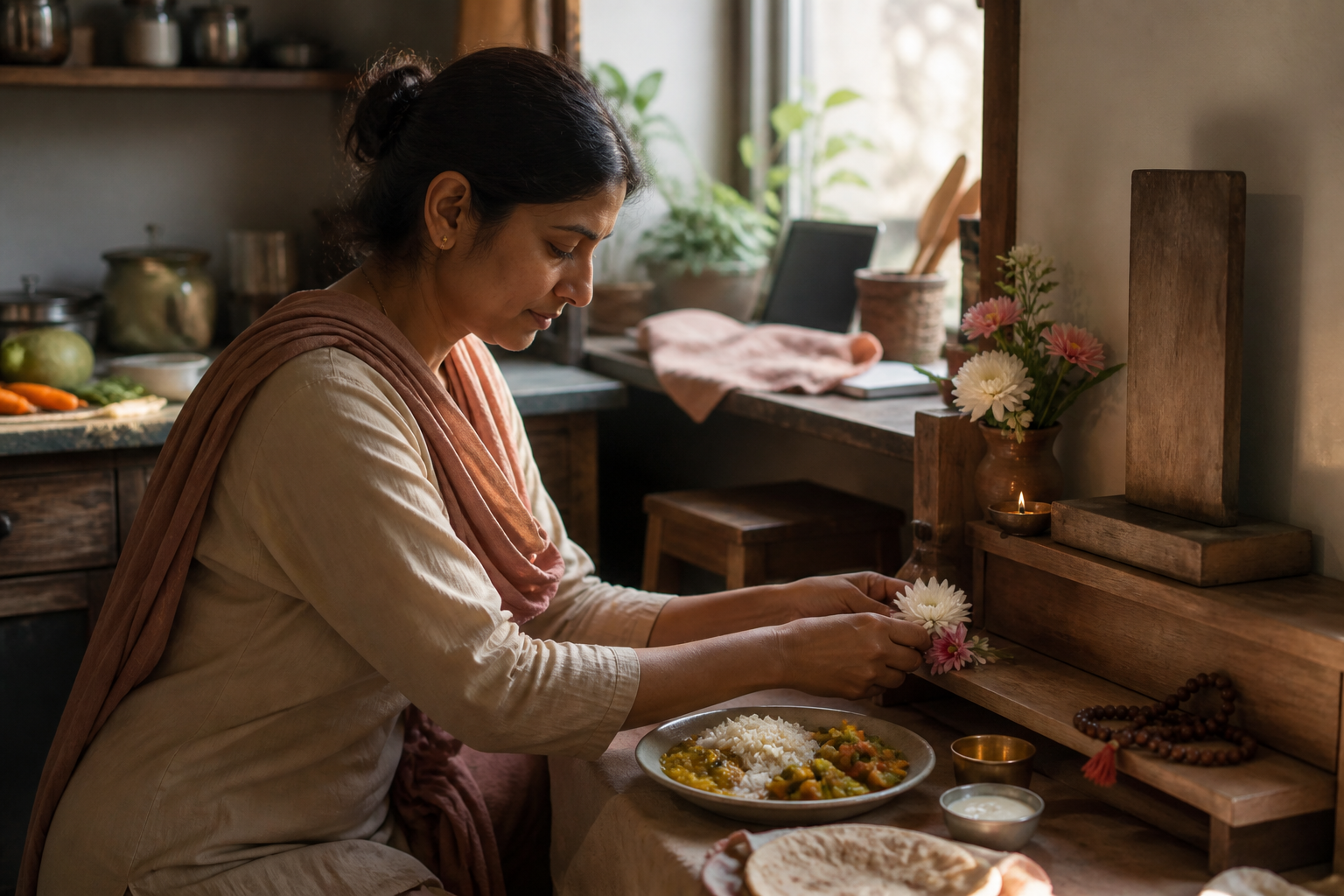 A devotee mindfully prepares a simple meal and arranges flowers near a home altar in soft morning light.