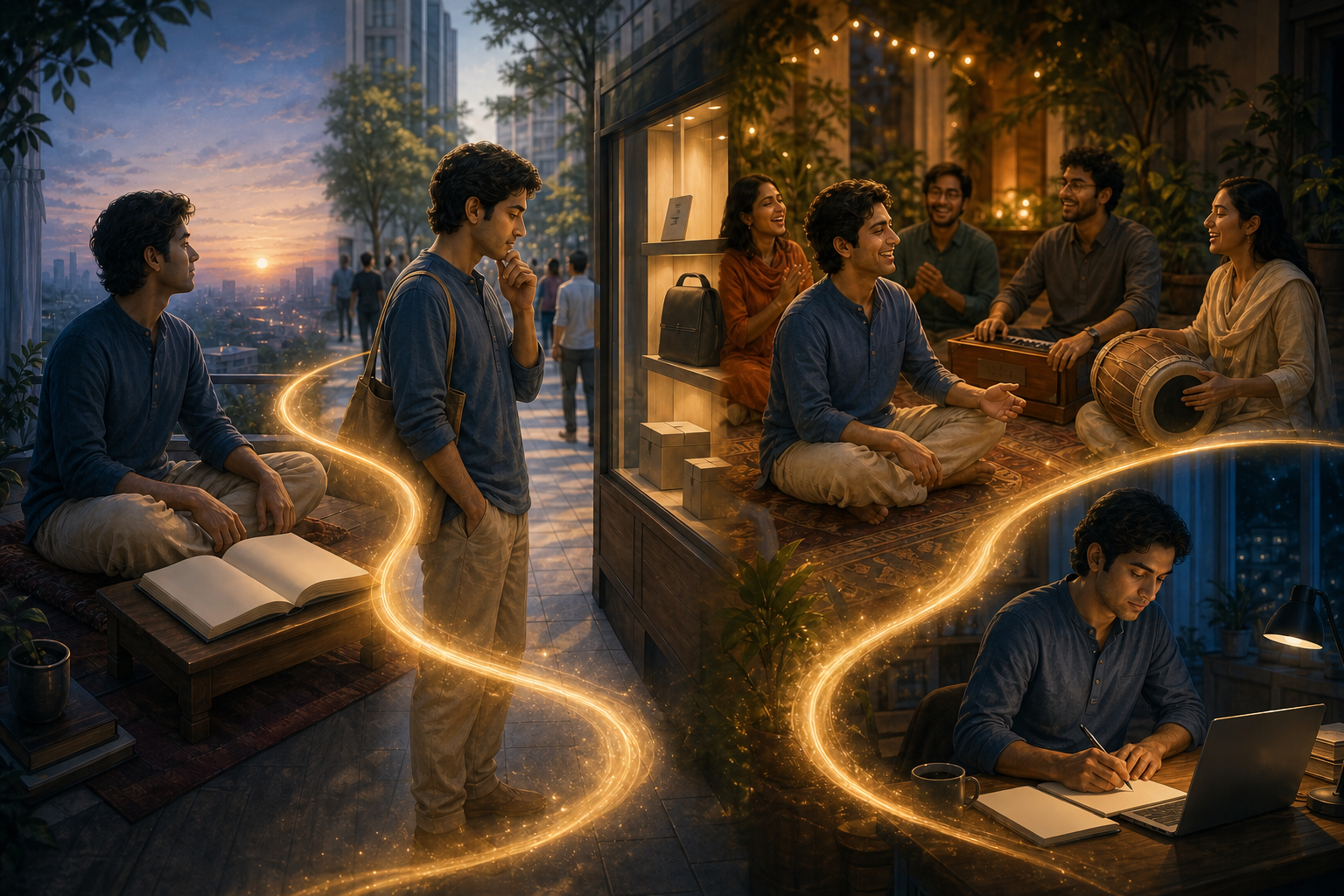 A four-part scene follows one person from morning scripture reading through mindful choices, evening kirtana, and attentive completion of daily duties.