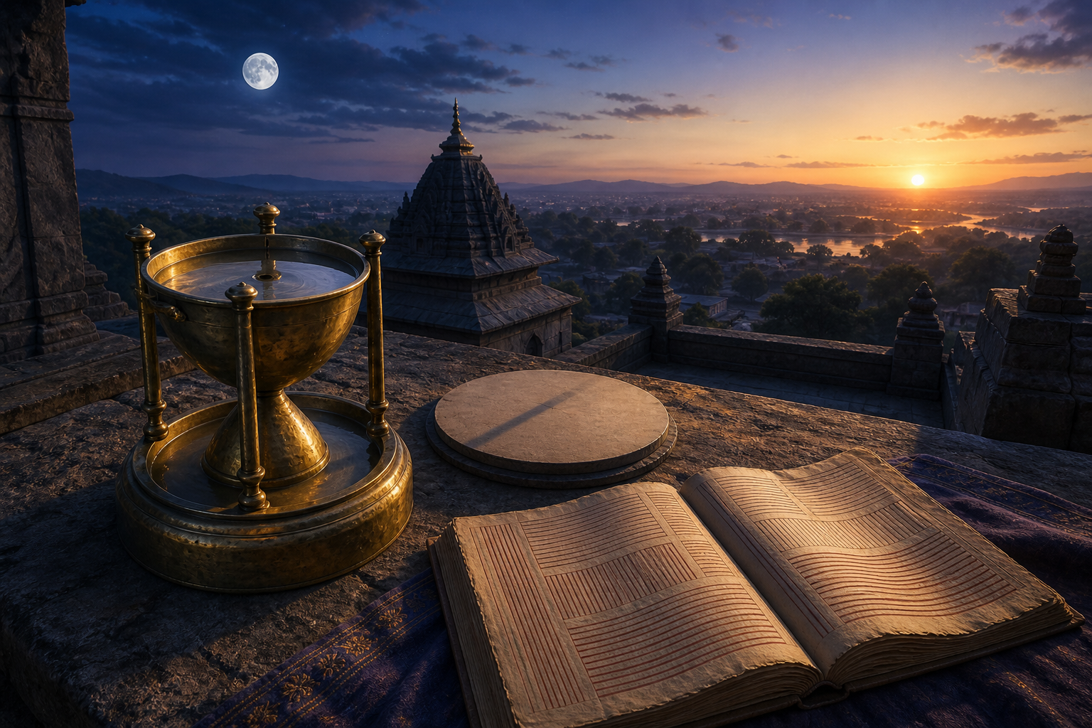 A brass water clock, an unmarked shadow plate, and an open textless almanac rest on a stone terrace beneath the evening moon.