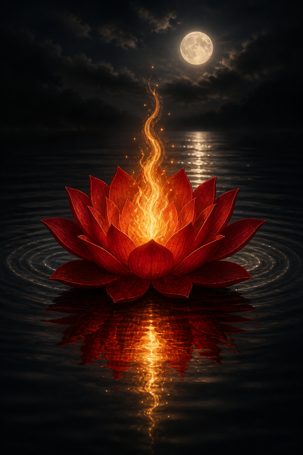 A golden flame glows from the center of a red lotus floating on dark water beneath the moon.