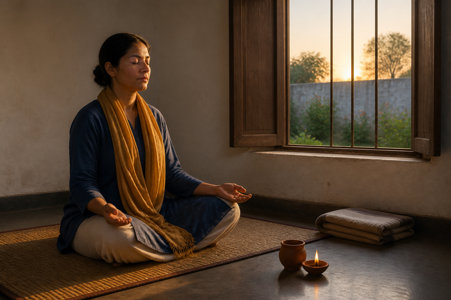 A person meditates on a woven mat in a modest room as dawn light enters through an open window.