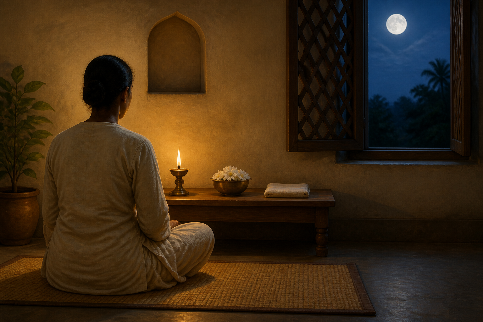 A seated practitioner faces a simple home altar with a bronze lamp and flowers as moonlight enters through a lattice window.