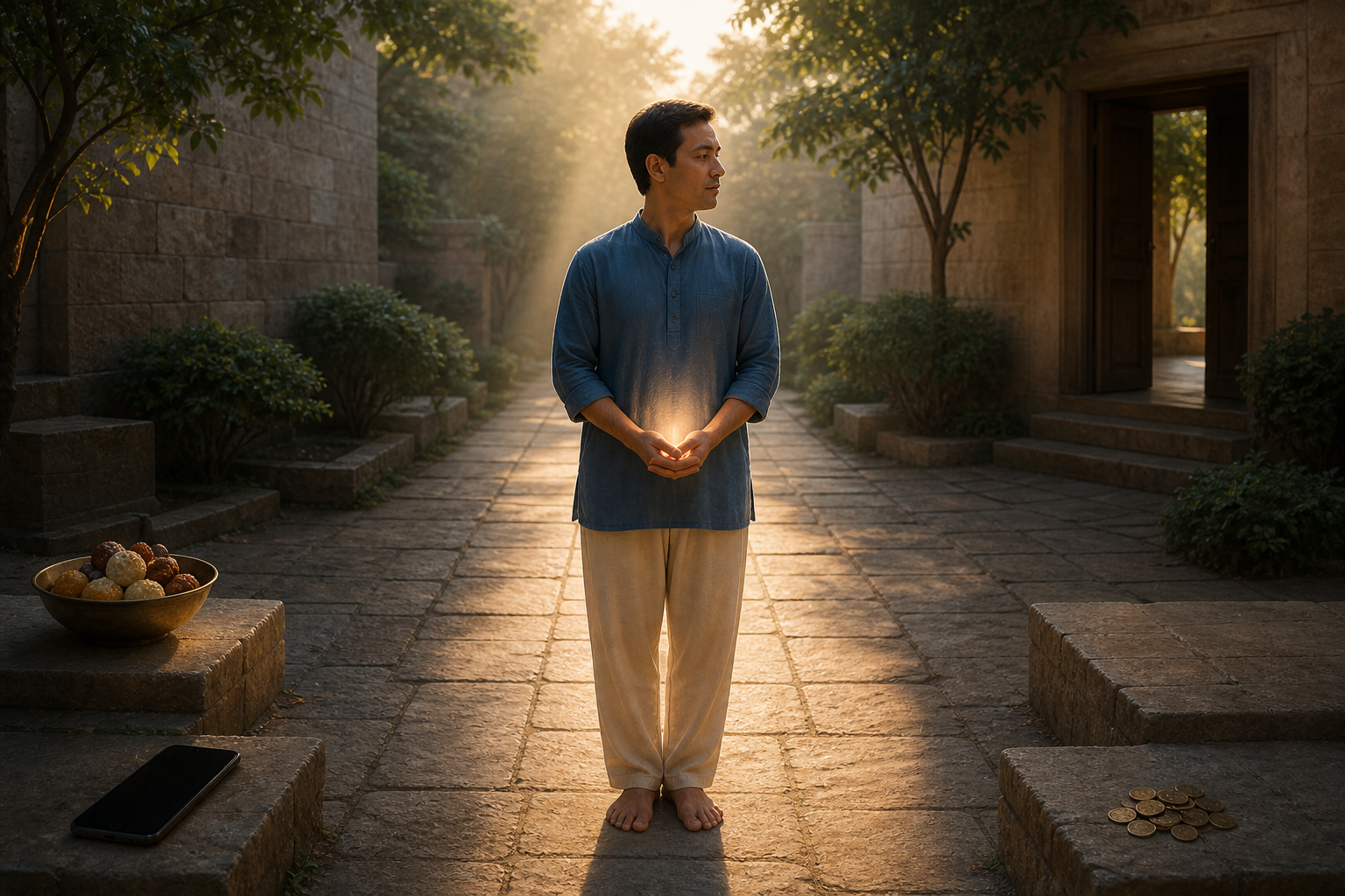 A calm person stands in a sunlit courtyard with coins, sweets, and a blank-screen phone positioned around the edges.