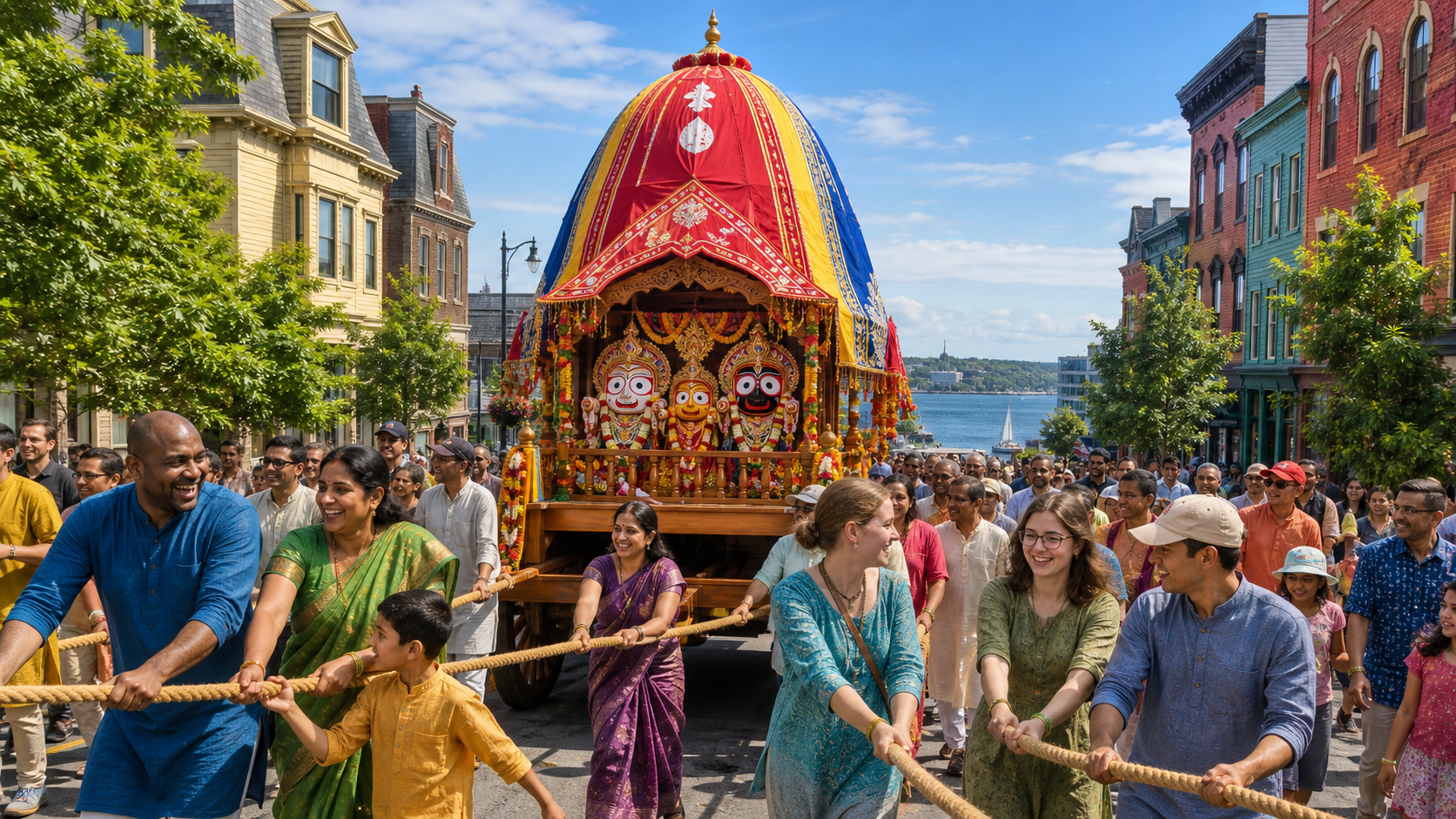 A diverse crowd pulls a colorful three-deity Festival of Chariots chariot through a maritime city street near the harbor.