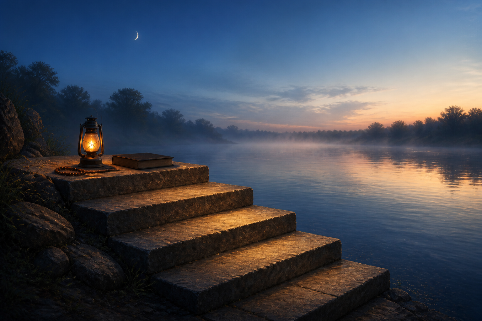 Five stone steps lead to a misty river beneath a slender moon, with a lamp, closed notebook, and prayer beads at the top.