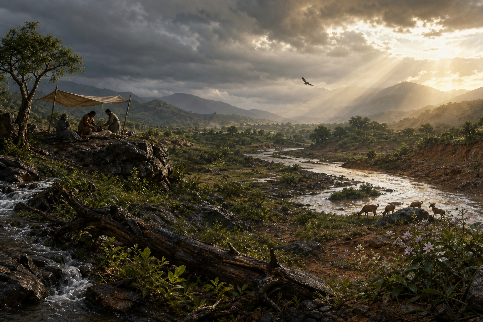 People shelter an injured stranger in a storm-cleared river valley containing fallen trees, new plants, grazing deer, and a distant hunting bird.