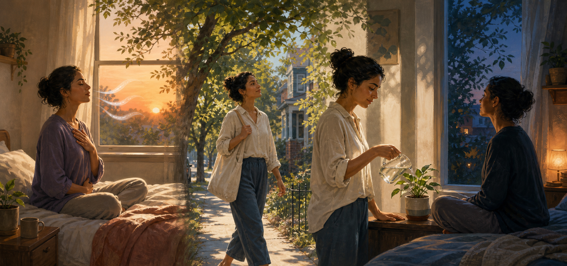 Three blended scenes show a person breathing mindfully at sunrise, walking beneath trees during the day, and reflecting beside a window at night.