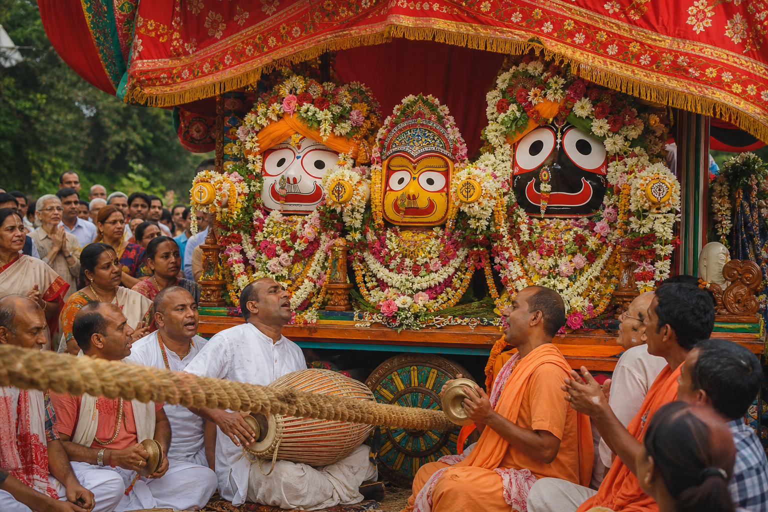 The forms of Jagannath, Baladeva and Subhadra sit beneath a decorated chariot canopy as participants sing and play drums and cymbals.