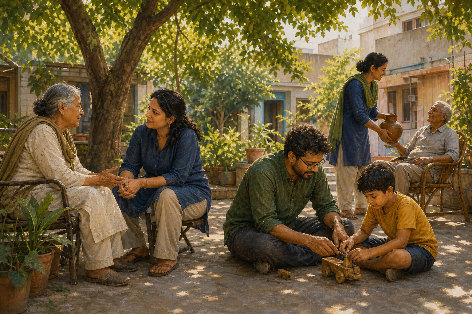 People in a shaded courtyard listen to an older adult, help a child repair a toy, and bring water to someone resting.
